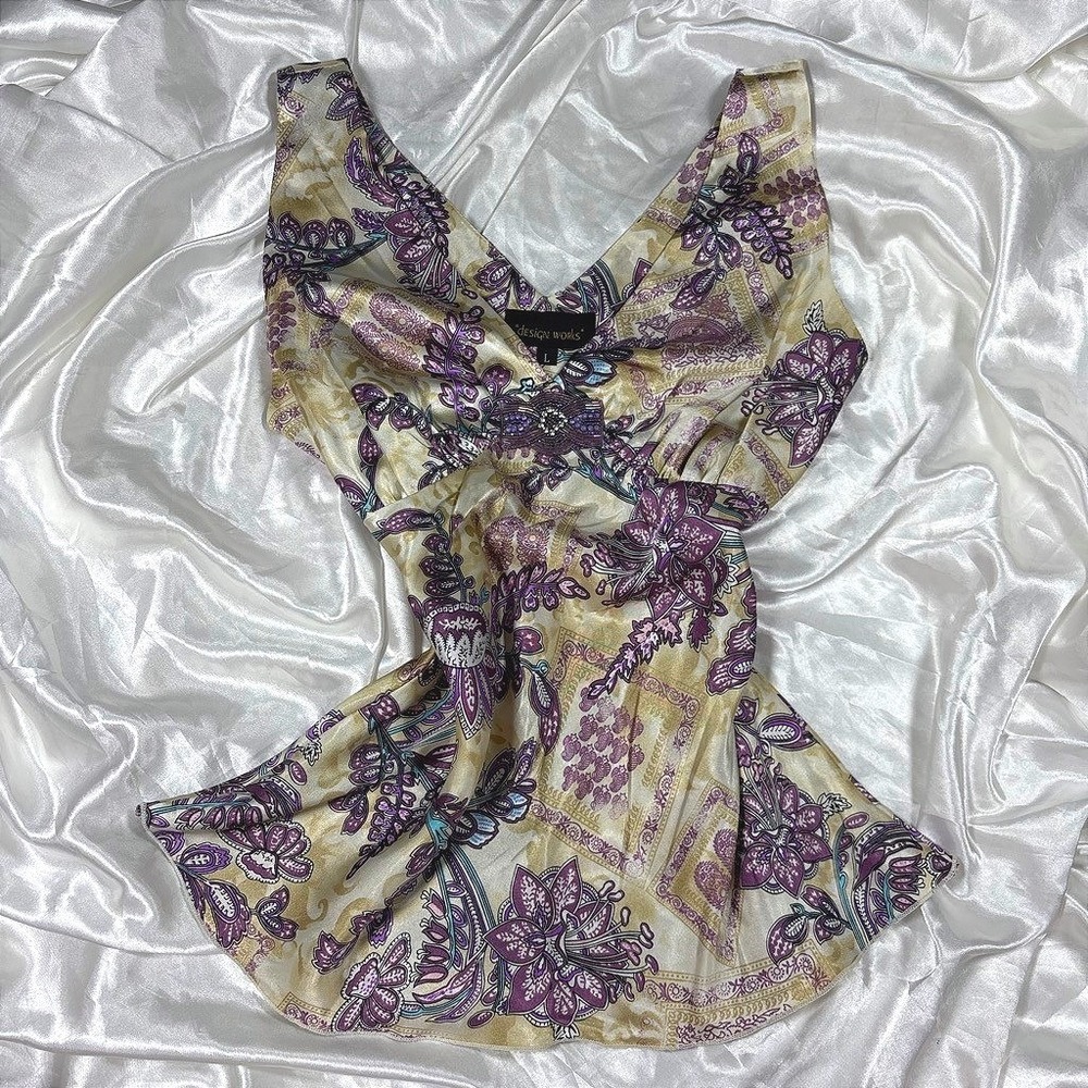 y2k Design Works Tank Top Purple Beaded Paisley Floral V-Neck Blouse L